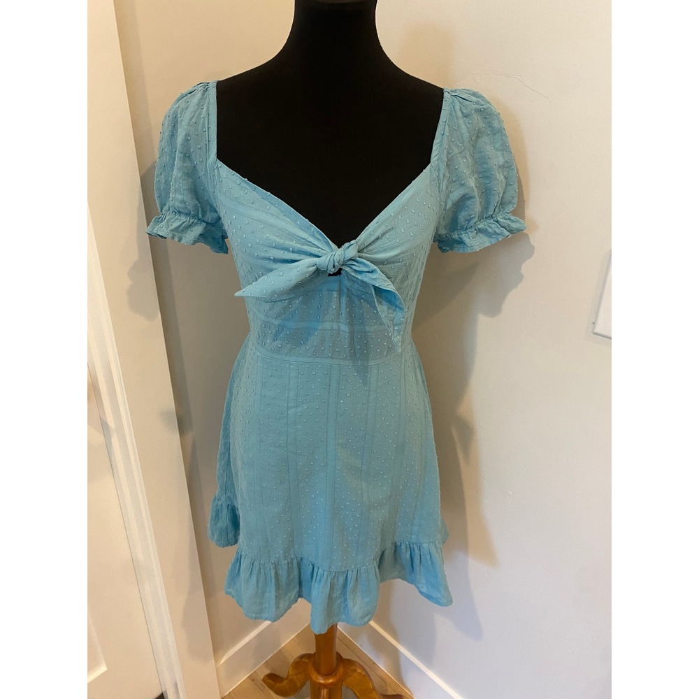 Altar'd State Blue Swiss Dot Tie Front Smocked Back Mini Dress Small